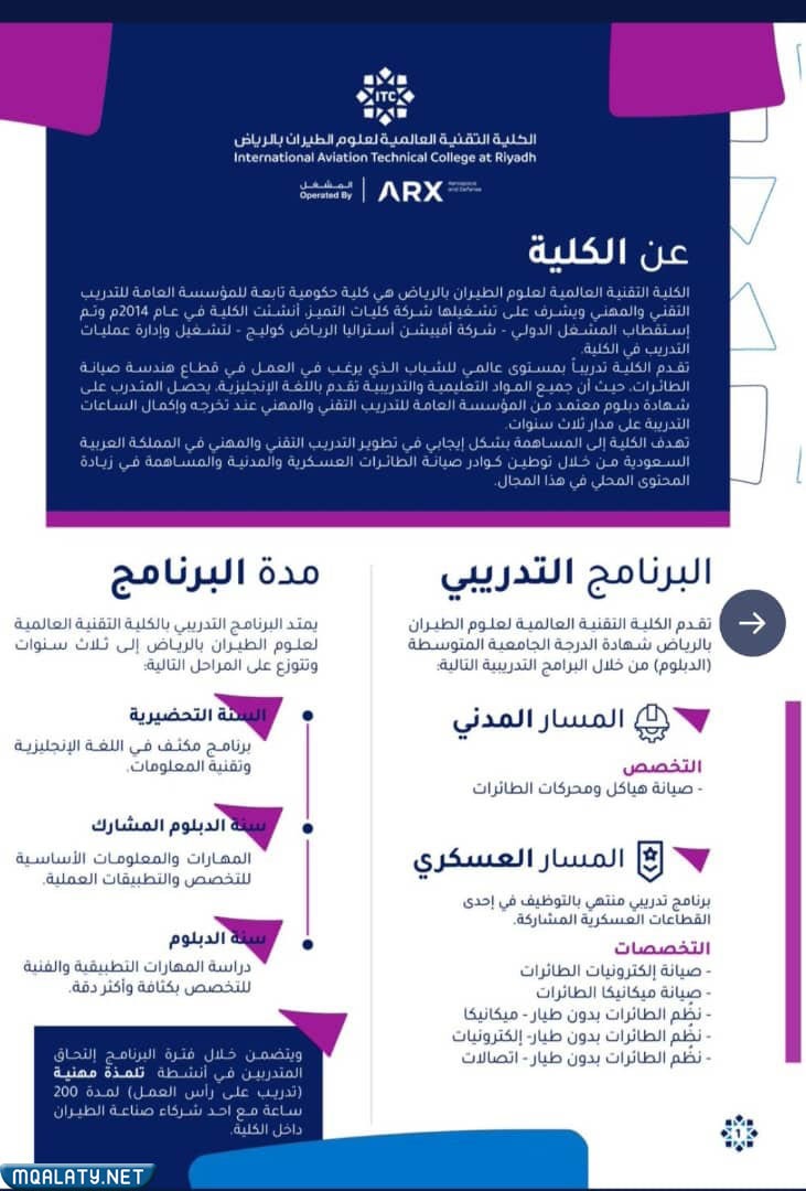 مدة الدراسة في الكلية التقنية العالمية لعلوم الطيران
