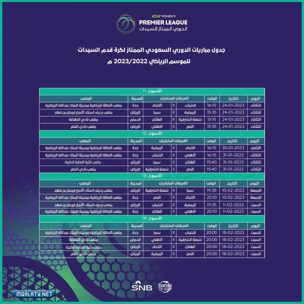 جدول مباريات دوري السيدات السعودي 2023 – 2023