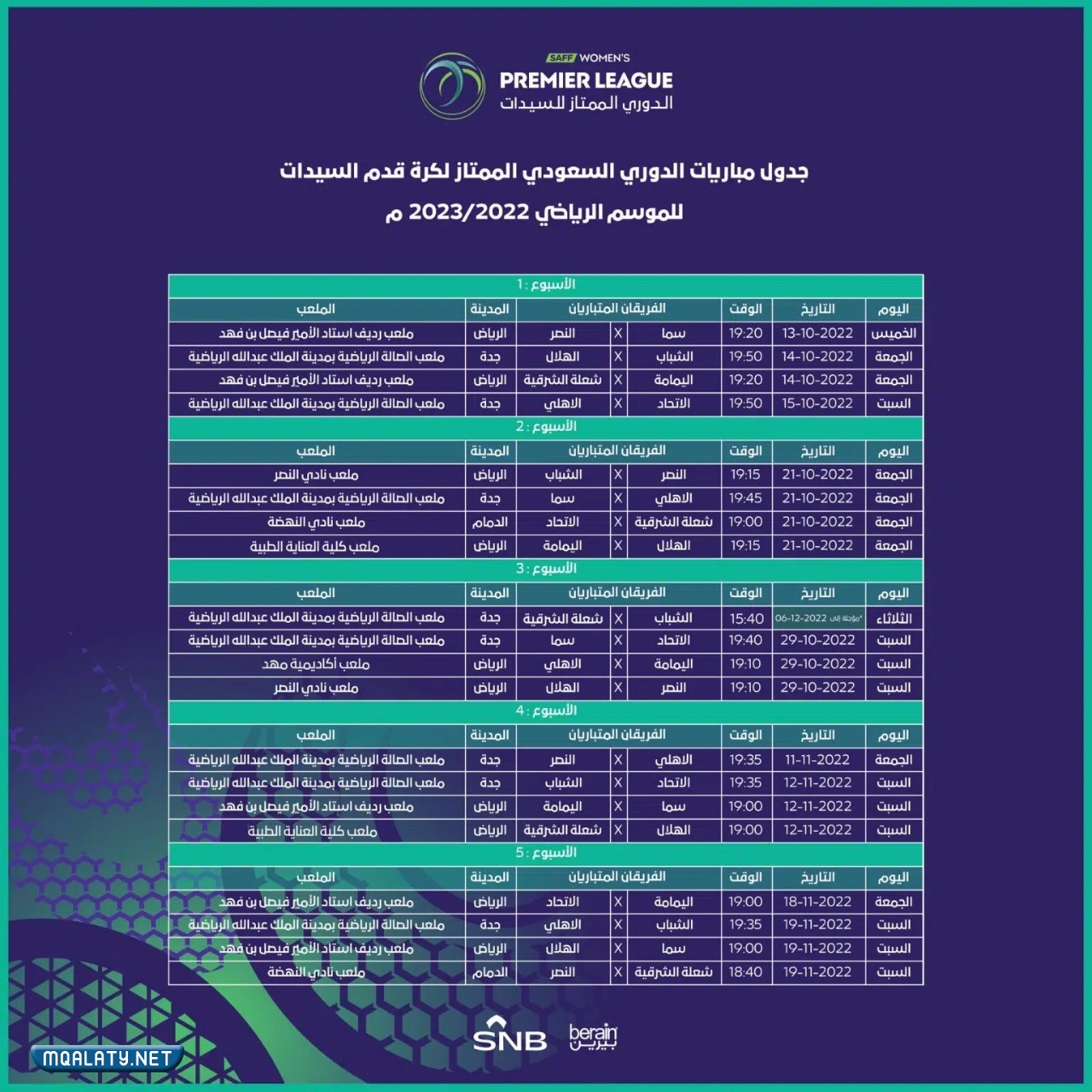 جدول مباريات دوري السيدات السعودي 2023 – 2023