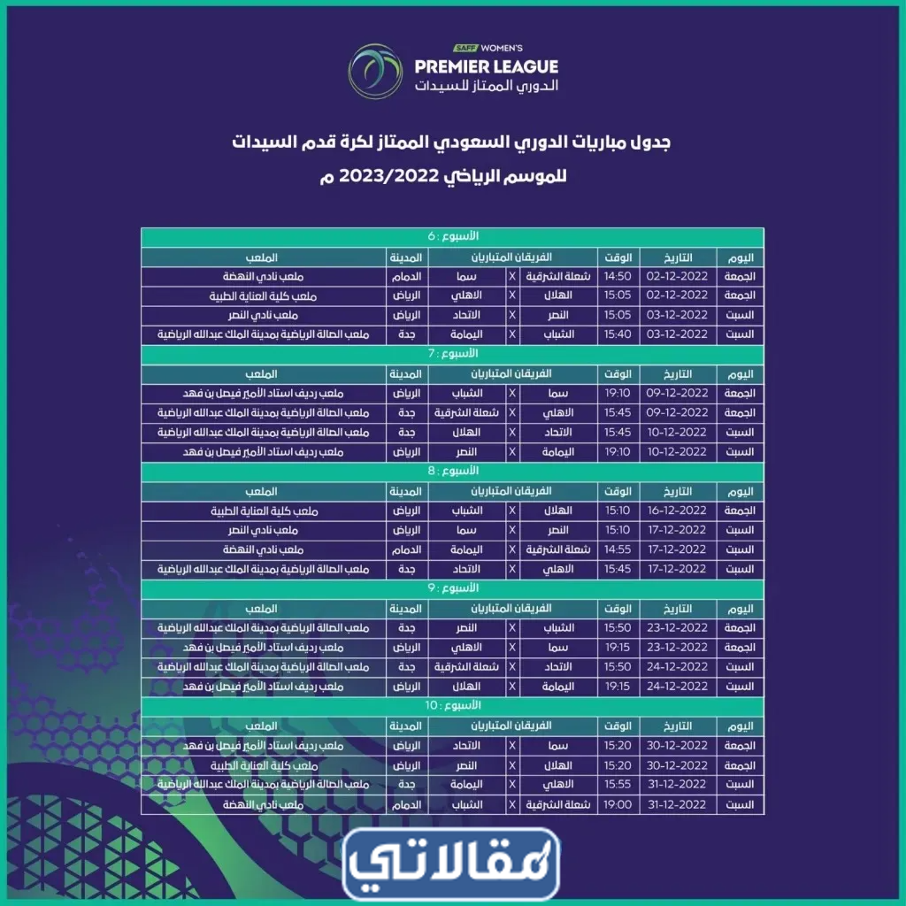 جدول مباريات دوري السيدات السعودي لكرة القدم