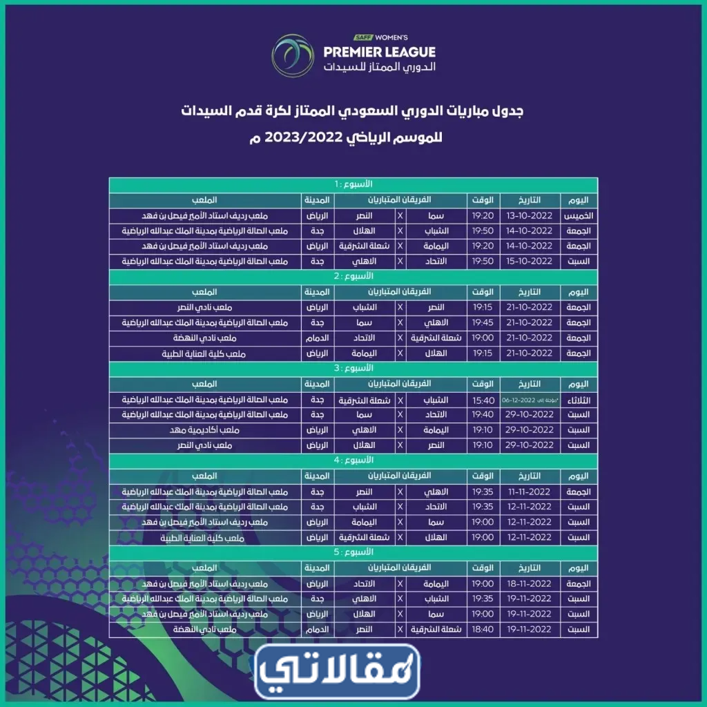 جدول مباريات دوري السيدات السعودي لكرة القدم