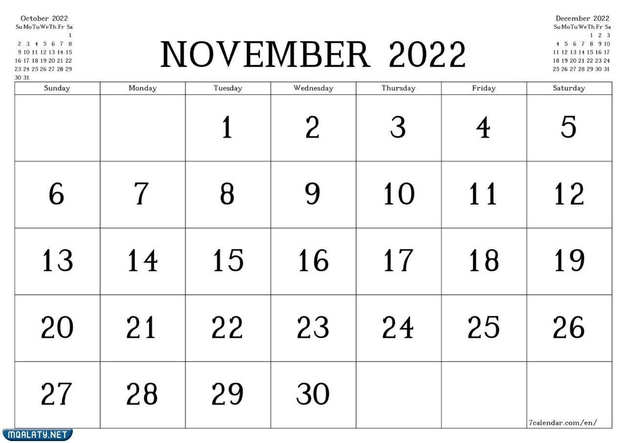 تقويم شهر نوفمبر 2022