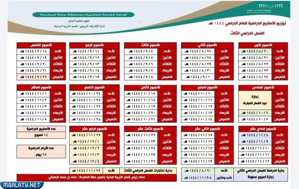 توزيع الفصل الدراسي الثالث 1444