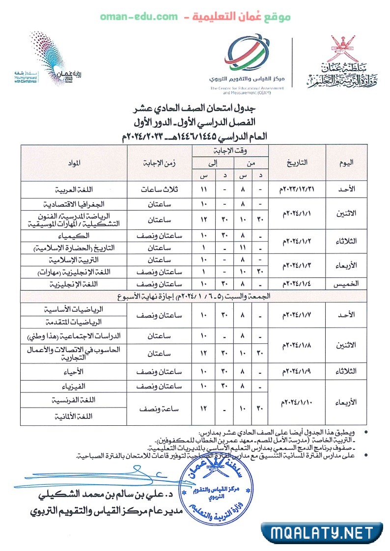جدول اختبارات الحادي عشر سلطنة عمان 2024 الفصل الأول